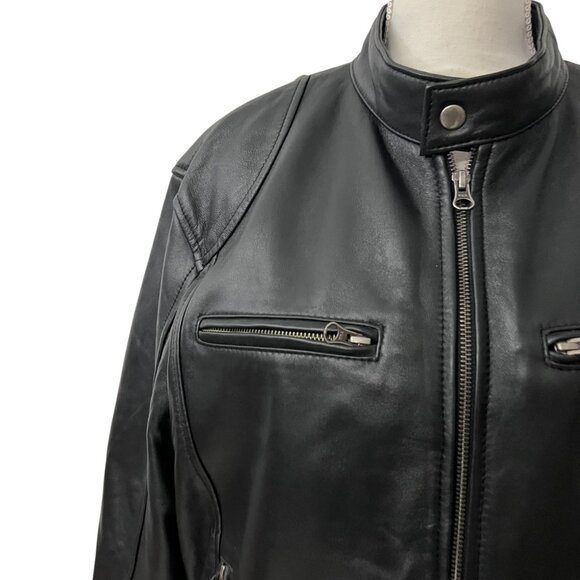 The Leather Factory Women's Black Leather Bomber Moto‎ Jacket Size Large - Picture 2 of 11